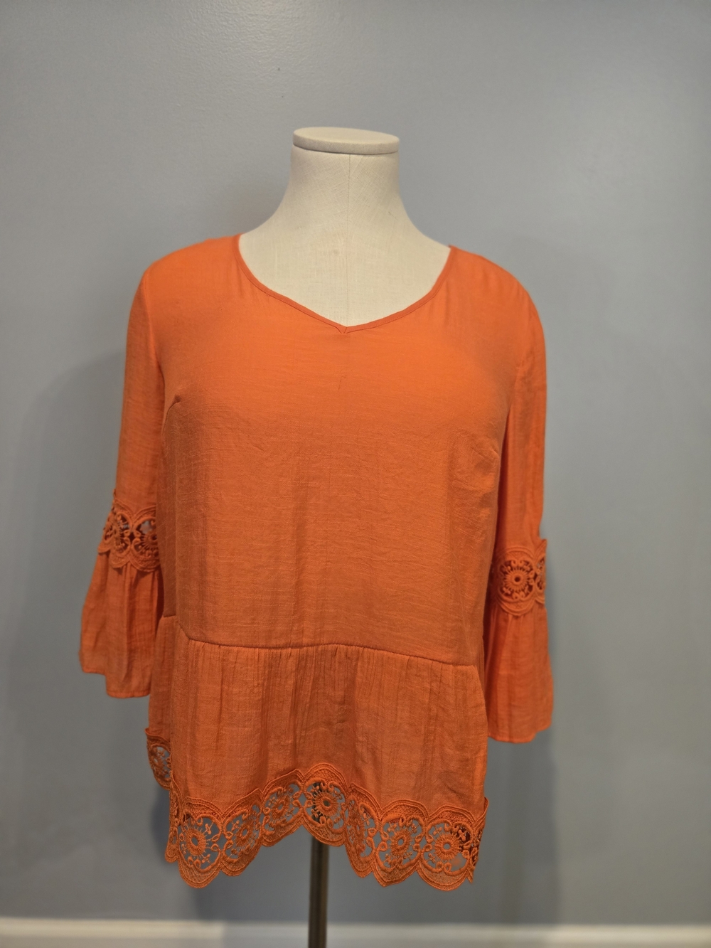 Orange Crochet-Trim Peasant Top
